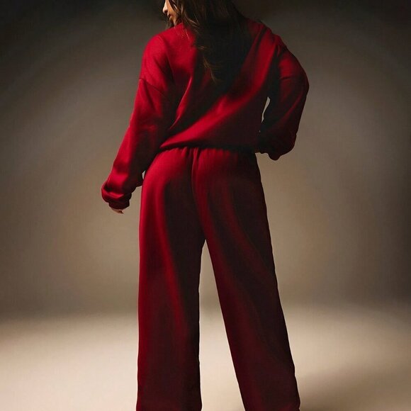 Burgundy Casual Women's Crew Neck Long Sleeve Top & Drawstring Pants Sports Set - Picture 6 of 7